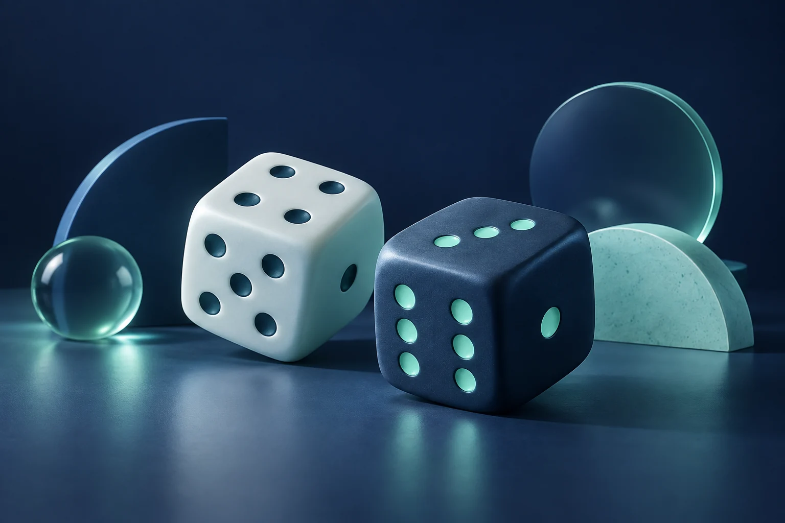 Two dice and abstract shapes illustrating probability concepts